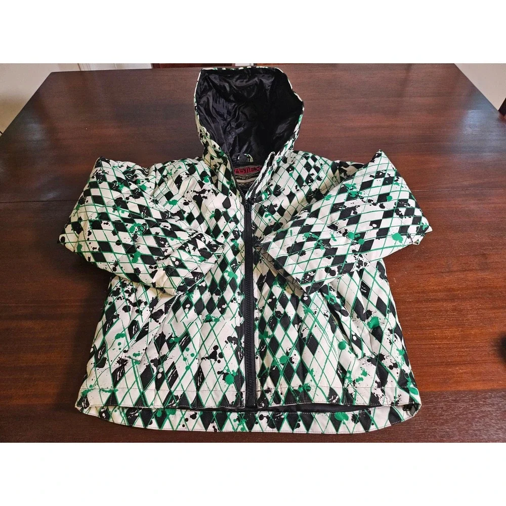 CastleX Snow Jacket Girl M Green White Black Argyle Splatter Hooded Puffer